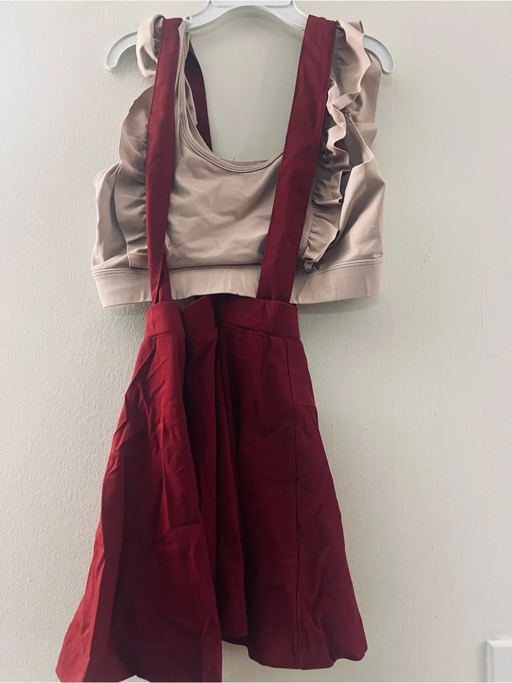 Girl’s Two-Piece Ruffle Tank and Suspender Skirt Set - Blush and Burgundy